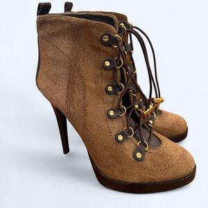 Tory Burch Brown Suede Lace-Up Heeled Boots Size 10 Gold Hardware